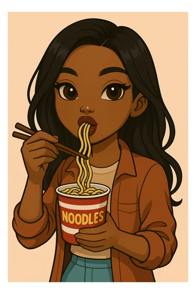 Change the pose to a 20-year-old anime Bratz style woman with dark skin, straight hair, trendy outfit, big expressive eyes, glossy lips, no hat, no tears, happy expression, looking straight ahead, eating a cup of noodles with chopsticks, headshot only. sticker