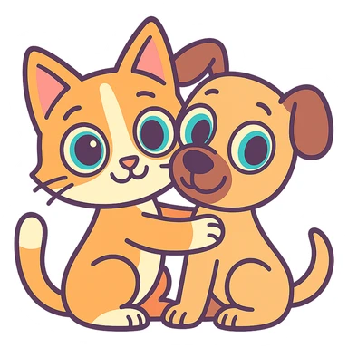 cartoon style cat hugging dog, big eyes, pastel tones sticker