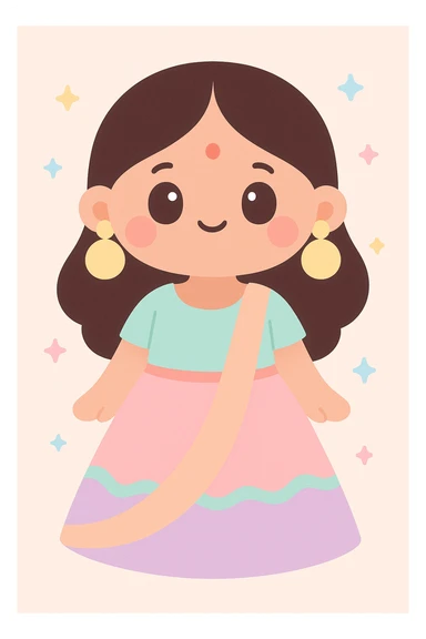 Indian girl with a bindi, traditional colorful lehenga, oversized earrings, joyful expression sticker