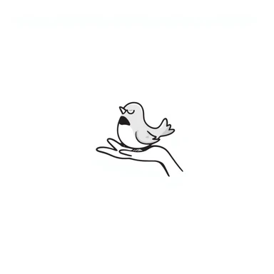 A small cute bird perched on an outstretched human hand/palm in pastel colors (dd9fb0, ffc6d3, a3bfc9, c4bee2, f1b091), hand-drawn doodle style sticker