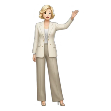 Full height Actively gesturing with hands pale skin woman with ash blonde Straightened bob Hair, White Spacious classical jacket, beige palazzo Arrow pants and gray blouse sticker