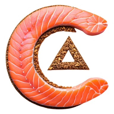 Floating arrangement of omega-3 rich foods: fresh salmon fillets, walnuts, flaxseeds, chia seeds and golden omega-3 capsules, all emitting a soft golden glow. The foods orbit around a central shimmering omega symbol, with gentle flowing energy connecting them. sticker