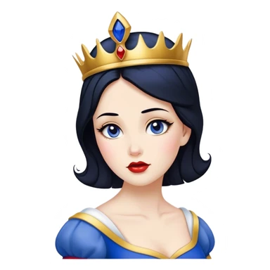 Cinematic Timeless Snow White Portrait Emoji, rendered in a clean, vector style. Depict Snow White with flawless porcelain skin, elegantly styled raven hair, and a serene, graceful expression, dressed in her classic blue and gold ensemble. The design features bold, simplified shapes, a soft, enchanting glow, and a subtle glowing outline, epitomizing pure, timeless beauty. sticker