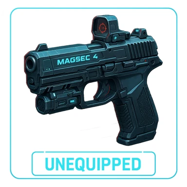 the image is the icon for a videogame  item. futuristic cyberpunk -ready to equip- it is master craftsmanship [ unequipped item ]
It is a magsec4 pistol with a mini-holo - neatly staged 3/4 profile view sticker
