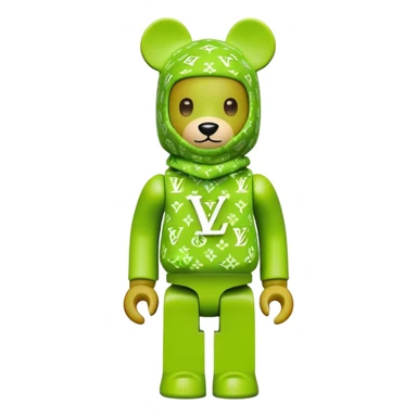 bearbrick toy wearing a lime green balaclava with LV monogram pattern sticker
