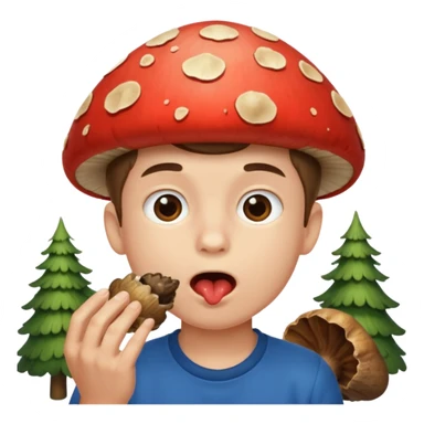 Boy using mouth to catch mushroom sticker