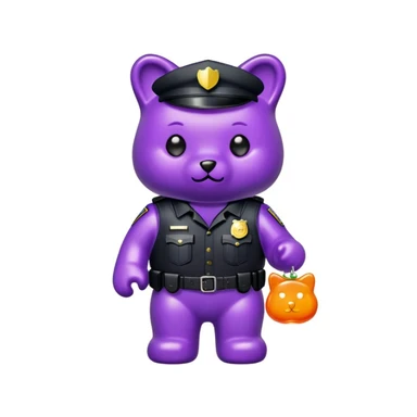 a purple shiny gummy bear with a black police vest that has a patch that says J. Johnathan on it. It also has black cat ears on its head and a smaller orange gummy bear on its shoulder sticker