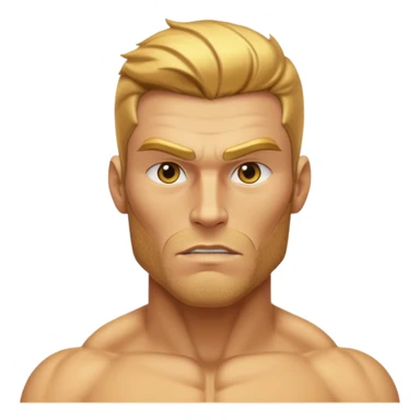 A hyper-realistic, fully golden Gigachad with reflective 24k gold skin, sharp chiseled jaw, golden stubble, blank eyes, and one raised eyebrow. He is shown from the chest up, facing front, with a shiny, muscular physique resembling the Silver Surfer in gold sticker