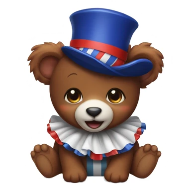 Brown baby bear. Wearing jester collar and a clown hat. The clown accessories are Red, Navy, And white. sticker