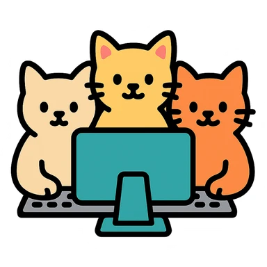 three cats sitting at a computer, color icon style sticker