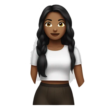 back of a brown women, with black hair and, a white crop top sticker