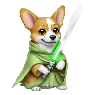 Corgi dress as yoda with one light saber green sticker