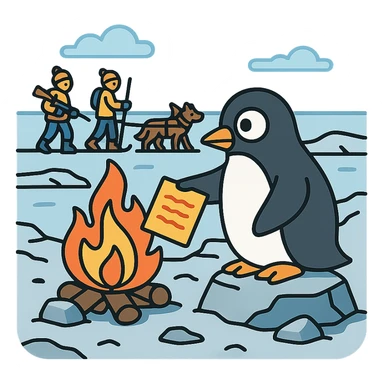 penguin on a rocky polar shore, burning secret documents in a campfire, looking around; distant horizon, two people with wolf sled, rifles, skis sticker