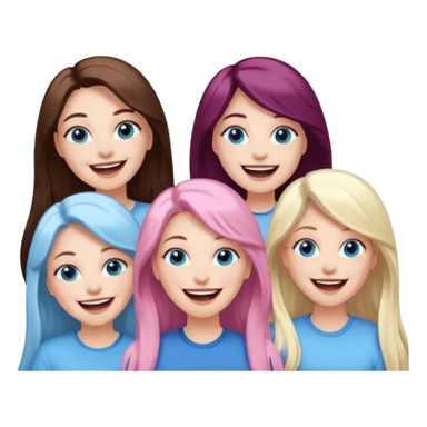 four adult white women laughing and smiling.  Two have long dark brown hair.  One has long pale pink hair and blue eyes. one has with blue eyes and light blonde hair. sticker