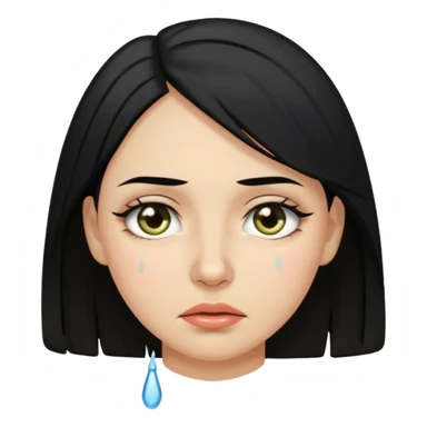 A woman in her late 20s with black hair with tears in her eyes and a look of hunger sticker
