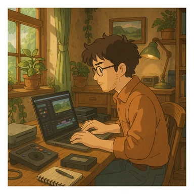 a man sitting at a table editing videos, ghibli style sticker