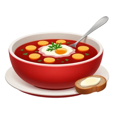 Russian cuisine avatar in clean emoji-style illustration. Borscht bowl, rye bread, warm red tones, simple shapes, flat design, high contrast, friendly and bold. sticker