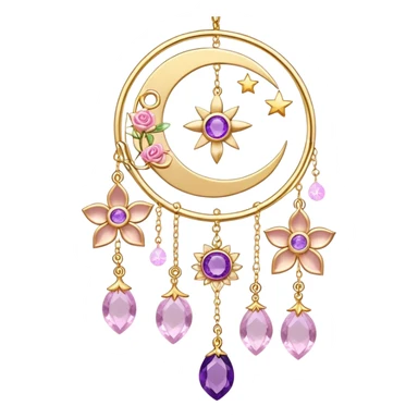 Epic beautiful gorgeous cute gold suncatcher, threads with shiny sparkly amethyst and rose-quartz gemstones, flowers, crescents-moons, stars sticker