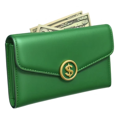 Rich emoji style green leather wallet with dollar bills, luxury money vibe, premium 3D emoji, ultra clean, high detail, no background sticker