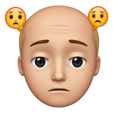 Sad, confused, emoji face not human, black eyes, write the text PION! on forehead sticker