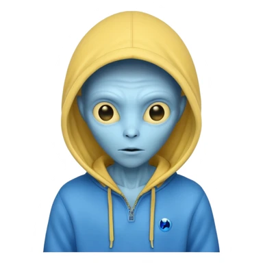generate a blue alien wearing a yellow hoodie sticker