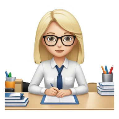Blonde girl working at her desk in office with glasses sticker