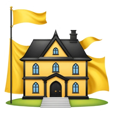 white background, magic school, black roof, with a big flag, big flag on a roof, big yellow flag, white school sticker