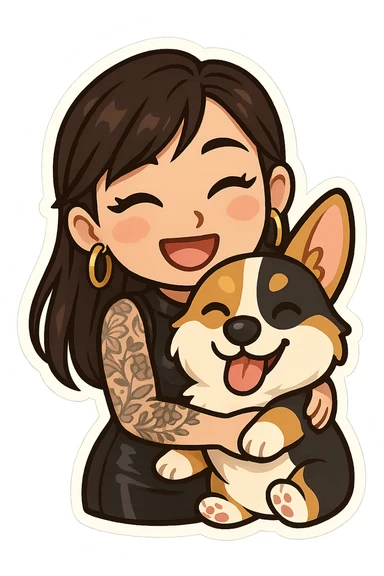 expressive emoji of an Asian girl wearing a black sleeveless leather dress with gold earrings, long hair with wispy deep side-parted bangs, false lashes, and a 3/4th sleeve tattoo on her left arm, hugging a happy tri-color Corgi, chibi stickers style sticker