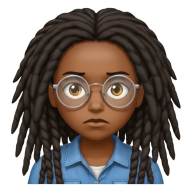 darker skin female with dark dreadlock hair wearing large round glasses saying no sticker