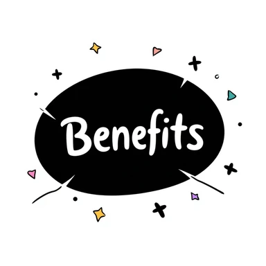 The word "Benefits" hand-drawn in white text with a dark background and just a few colorful accents. Simple doodle style with minimal decoration. sticker