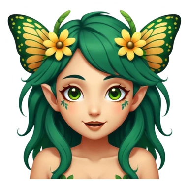 Cinematic Realistic Forest Fairy Portrait, head tilted dramatically with an exaggeratedly amused expression, featuring a striking, nature-infused form with glowing, sun-kissed tanned skin and vividly detailed dark green hair adorned with floral accents. Her expressive eyes brim with playful forest mischief, rendered with vibrant, lifelike textures and dynamic dappled lighting that conveys a spirited, over‐the‐top woodland whimsy showing her large butterfly wings from her back. sticker