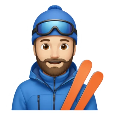 bearded man skiing, blue outfit, smiling sticker