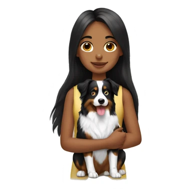 a girl with long black hair holding an Australian shepherd sticker