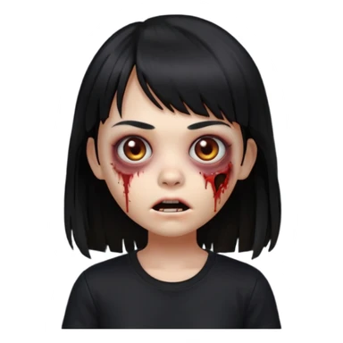 uma garota zumbi no formato Memoji da apple com o cabelo cumprido, preto liso e com franja, blusa preta sticker