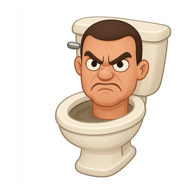 Create an image in the style of apple emojis of a toilet with a cartoonish, exaggerated head emerging from the bowl, looking angry with furrowed brows and a scowl. Use a transparent background. sticker