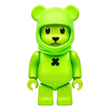 bearbrick toy wearing a neon lime green balaclava with a small black logo sticker