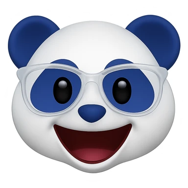 Make the panda's white designer glasses translucent and give the panda a big open-mouthed smile, keeping the playful 3D emoji look with white and #002FA7 blue coloring. Remove the background. sticker