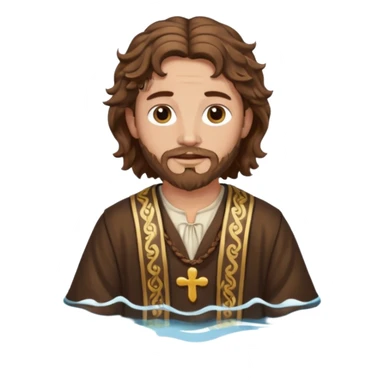 John the Baptist with wavy hair, traditional saint clothes, in water, emoji style sticker