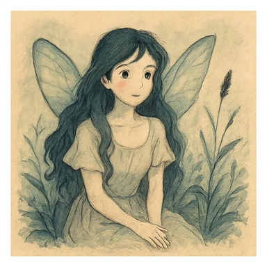 realistic whimsical black, blue and cream, natural colors, soft, fairy-like atmosphere, no background, square size sticker