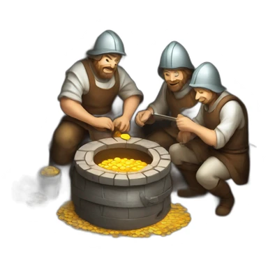inside of a medieval mint showing different people working creating coins with a furnace sticker