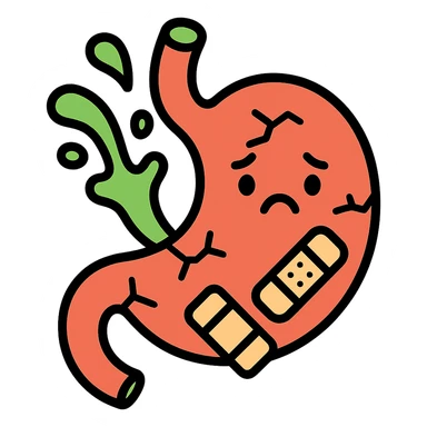 cartoon icon of a stomach character with cracks or holes, sad face, acid splashes, bandages, cute but informative medical style sticker