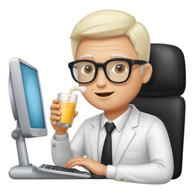 Hombre blanco con gafas tomando un refresco frente a un ordenador sticker