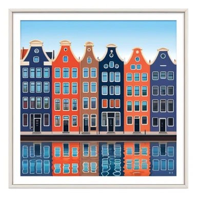 Cinematic Realistic Amsterdam Canal Houses Landmark Emoji, featuring narrow, gabled facades in vibrant colors reflecting on the calm canal waters. sticker