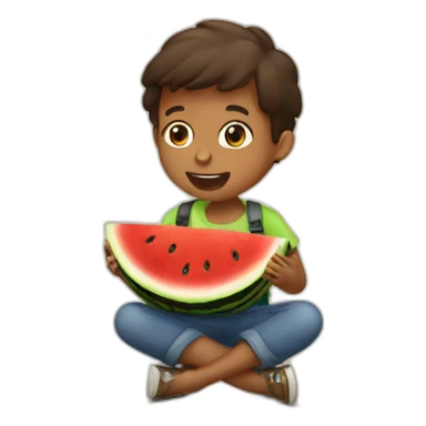 brown hungry kid eating a watermelon sticker
