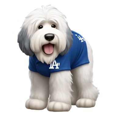 Old English Sheepdog full height wearing a Los Angeles dodgers shirt baseball sticker