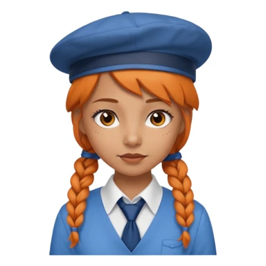 orange braided hair girl, wearing white shir, a brown berret Hat, Blue Necktie sticker