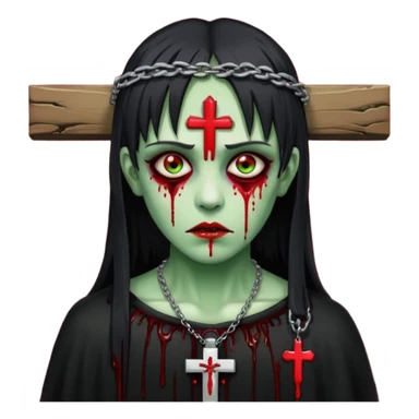 zumbi verde com olhos vermelhos sangrando e franja roupa preta e um crucifixo como colar sticker