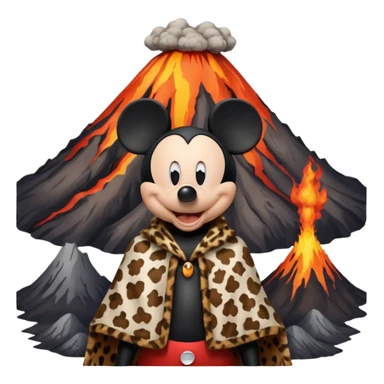 a mickey mouse wearing ancient animal skin cloth with volcano behind, half body, icon sticker