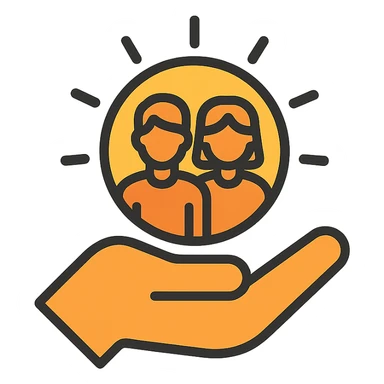 open hand holding a sun with young people silhouettes, hope and support, minimal design, warm yellow and orange tones, empowering futures of the youth sticker