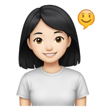 an asian girl with straight black hair, slight waves, smiling, wearing tshirt sticker